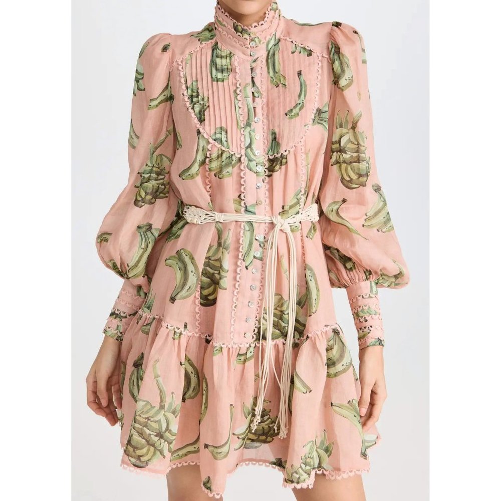 Alemais Pink Mini Dress with Green Botanical Print